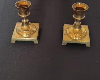 Vintage Solid Brass Square-Base Candlestick Pair, Made in England