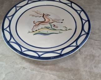 Hand-Painted Ceramic Decorative Plate with Deer Motif and Blue Scalloped Rim
