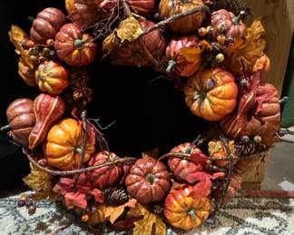 Artificial Autumn Harvest Pumpkin and Pinecone Grapevine Wreath