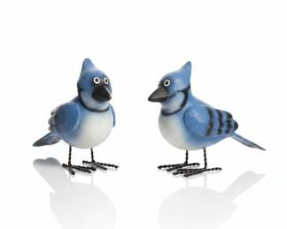 Pair of Folk Art Blue Jay Bird Figurines with Wire Legs