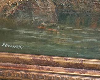 Landscape Oil Painting with Stone Bridge and Horseman, Signed 'Homer'