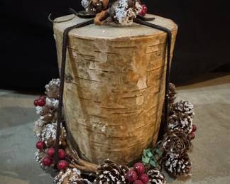 Rustic Birch Log Holiday Candle Centerpiece with Frosted Pinecones and Berries