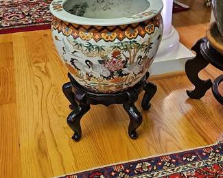 Large Vintage Chinese Porcelain Fish Bowl Planter with Rosewood Stand
