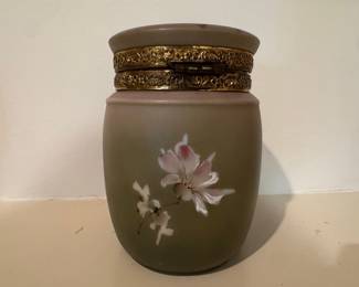 Victorian Satin Glass Tobacco Jar with Floral Decor and Brass Lid