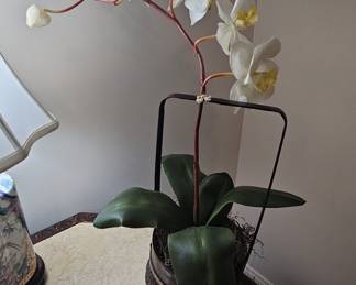 Artificial White Phalaenopsis Orchid Arrangement in Woven Basket with Metal Handle