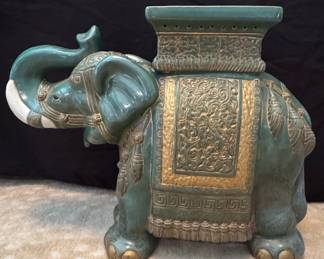 Vintage Emerald Green Glazed Ceramic Elephant Garden Stool
