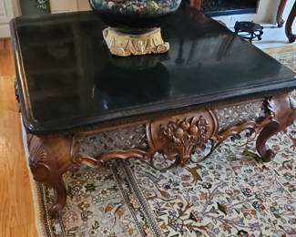 French Provincial Style Carved Wood Coffee Table with Black Marble Top