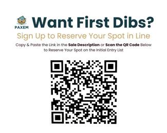 Want First Dibs? Sign Up to Reserve Your Spot in Line
Copy/Paste the Link in the Sale Description Below or Scan the QR Code to Reserve Your Spot on the Initial Entry! https://pickerty.com/sale-registration/8b093527-5afd-4f4c-a46f-03b93d7fc4de
