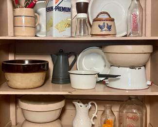 OLD CROCK BOWLS, RED HANDLED UTENSILS, ENAMELWARE