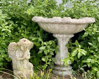 CONCRETE ANGEL AND BIRD BATH