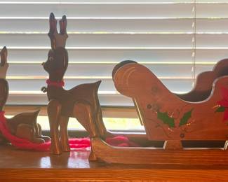 VINTAGE CANDLES, WOOD CHRISTMAS SLEIGH AND REINDEER