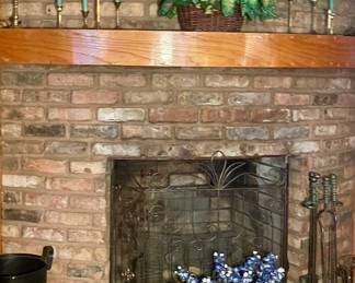 FIREPLACE TOOLS, ASH BUCKET, BRASS CANDLESTICKS