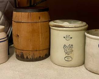 VINTAGE CROCKS AND NAIL BARREL