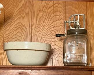 ANTIQUE DAZEY BUTTER CHURN, CROCK BOWLS