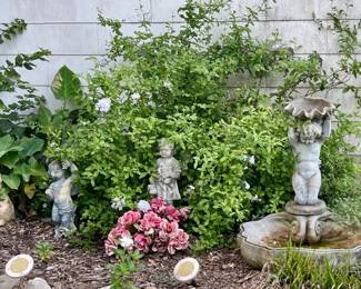 CONCRETE BIRD BATH AND STATUES