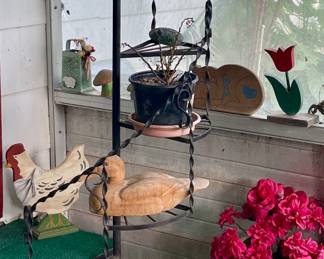 WROUGHT IRON PLANT STAND, CEMENT PLANTERS, CHICKEN DECOR