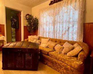 MCM RETRO COUCH, ANTIQUE CAMELBACK TRUNK