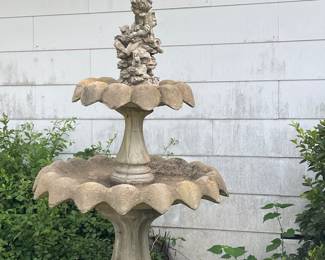 CONCRETE 2-TIER BIRD BATH, METAL CROSS