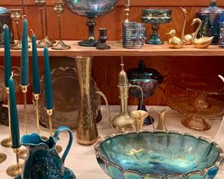 COBALT BLUE CARNIVAL GLASS, BRASS DECOR