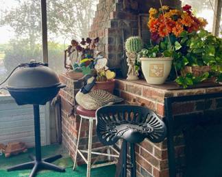 BBQ PIT, STOOLS, FAUX PLANTS