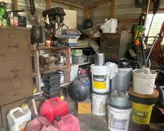 GAS CANS, GREASE AND OIL, YARD IMPLEMENTS, POWER TOOLS, DRILL PRESS