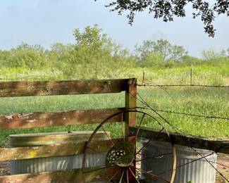 OLD METAL WHEEL, WATER TROUGHS