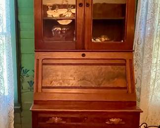 ANTIQUE VICTORIAN WALNUT AND BURL WOOD SECRETARY DESK WITH GLASS DOOR UPPER HUTCH