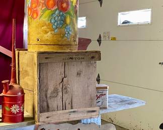 PAINTED MILK CAN, OLD WOOD CRATES, CAST IRON KETTLE, FOSSILS