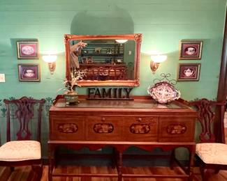 VINTAGE JACOBEAN REVIVAL STYLE SIDEBOARD BUFFET WITH INLAYS, ANTIQUE MIRROR