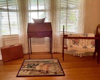 VINTAGE LUGGAGE, QUILT RACK, ANTIQUE SECRETARY DESK, VINTAGE RUG