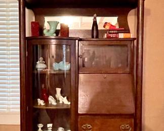 ANTIQUE SIDE-BY-SIDE SECRETARY DESK AND CURIO BOOKCASE WITH BOWED GLASS