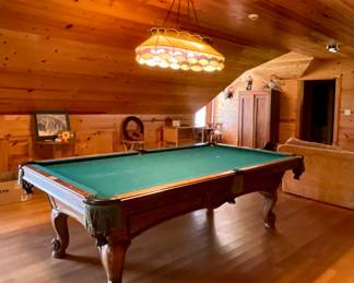OLHAUSEN WOOD TRIMMED POOL TABLE WITH GREEN FELT SURFACE AND ORNATE BALL AND CLAW LEGS