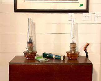 ANTIQUE DROP LEAF TABLE, ANTIQUE OIL LAMPS, JOHN COWAN SIGNED NUMBERED FRAMED BIRD HUNTING PRINT