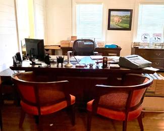 VINTAGE ORANGE SEAT BARREL CHAIRS, WOOD DESK