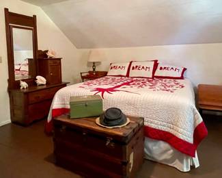 ANTIQUE TRUNK, QUEEN SIZE MATTRESS, BEDDING, OLD SCHOOL DESK