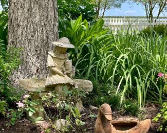CONCRETE GIRL ON BENCH, DUCK PLANTER