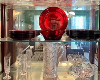 VINTAGE RUBY RED GOBLETS AND PLATES, CUT GLASS AND CRYSTAL, PORCELAIN CREAM/SUGAR SET
