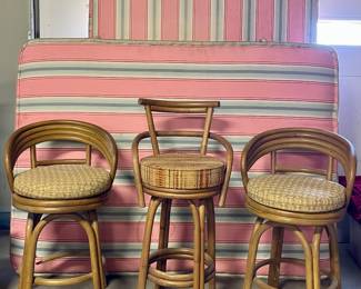 MCM BENTWOOD AND RATTAN SWIVEL BAR STOOLS, VINTAGE MATTRESS