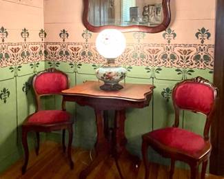 ANTIQUE MAHOGANY PARLOR TABLE ON CASTERS, HAND PAINTED GONE WITH THE WIND LAMP, ANTIQUE MIRROR, ACCENT CHAIRS