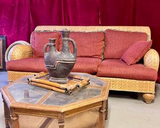 MCM WICKER HENRY LINK HAND-CRAFTED SOFA BY LEXINGTON FURNITURE IND., VINTAGE WOOD AND GLASS OCTAGONAL COFFEE TABLE