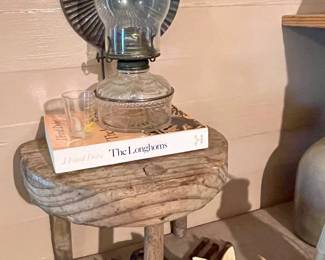 VINTAGE WALL OIL LAMP, OLD STOOL