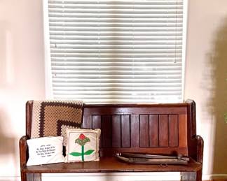 ANTIQUE CHURCH PEW, PILLOWS, AFGHAN
