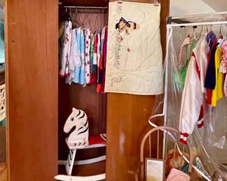 ANTIQUE CHILDS ARMOIRE, VINTAGE CLOWNS AND DOLLS, VINTAGE BABY BLANKETS/QUILTS