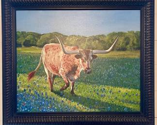 FRAMED LONGHORN PAINTING BY RJ LOWE