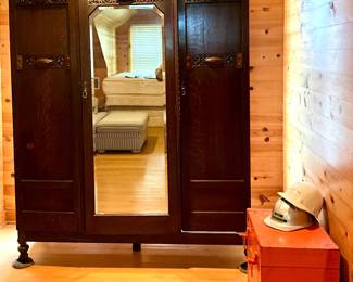 ANTIQUE WARDROBE WITH BEVELED MIRROR, VINTAGE METAL TRUNK, HARD HATS