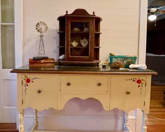 HAND PAINTED FRENCH PROVINCIAL VANITY, TABLE-TOP CURIO, PETRIFIED WOOD AND FOSSILS