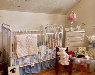 IRON 3 IN 1 CONVERTIBLE BABY CRIB WITH BEDDING, CHILD’S DRESSER, TOYS AND DOLLS