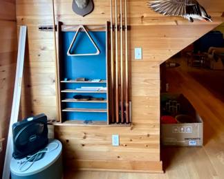 DEER HORNS, POOL STICKS AND SUPPLIES