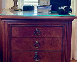 THOMASVILLE NIGHTSTAND, VINTAGE SONY & OLYMPUS CAMERAS