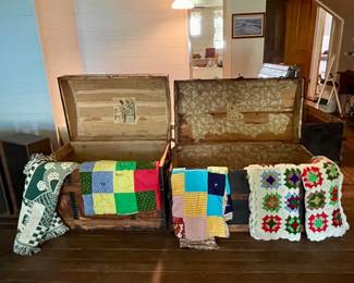 ANTIQUE TRUNKS, AFGHANS AND QUILTS